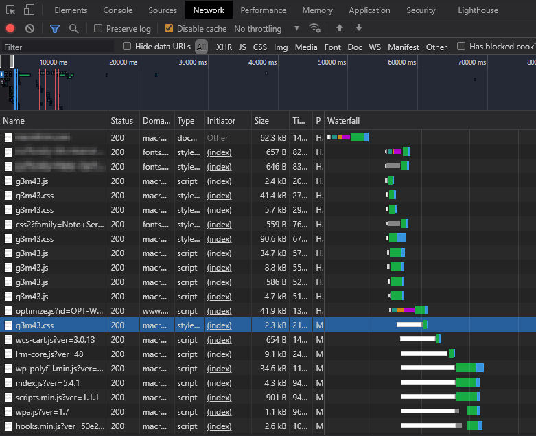 DevTools network panel