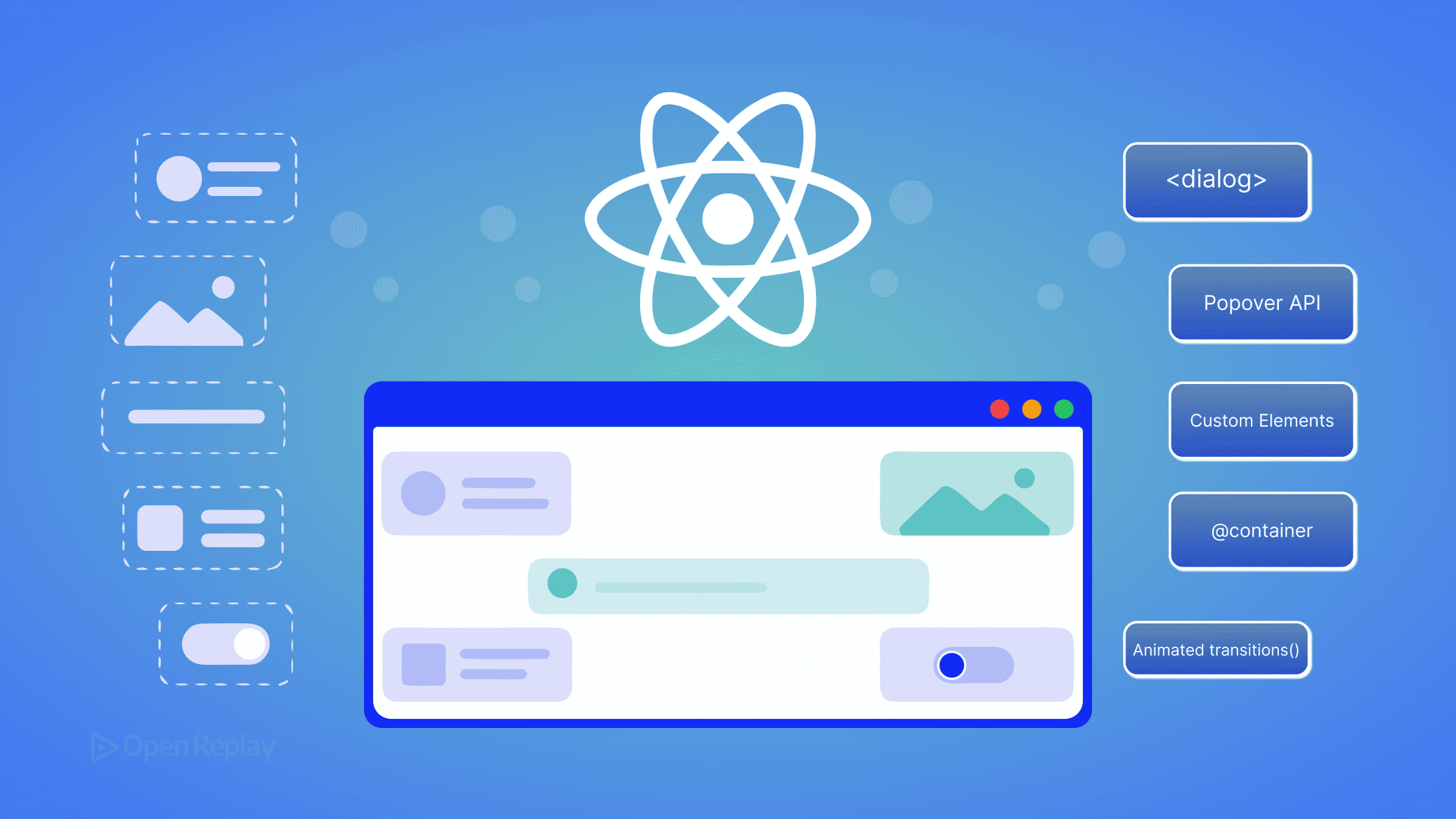 Five native browser APIs replace common React components: dialog, Popover, Custom Elements, container queries, and View Transitions.