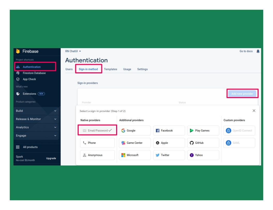2 Image of Firebase console with Red-marked illustrations directing the setup of Email  and Password Authentication