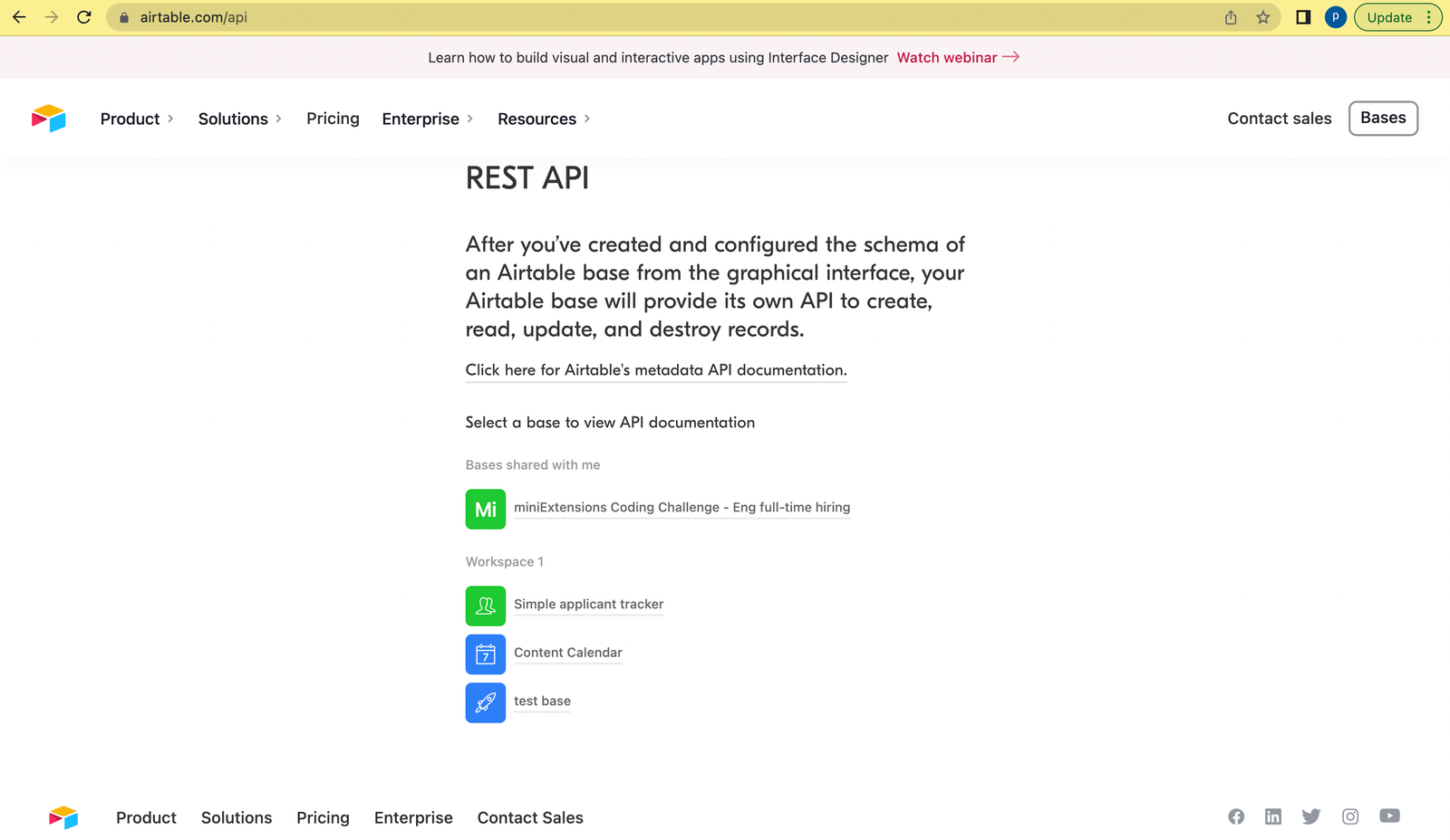 15 The API page shows a list of bases to view API documentation