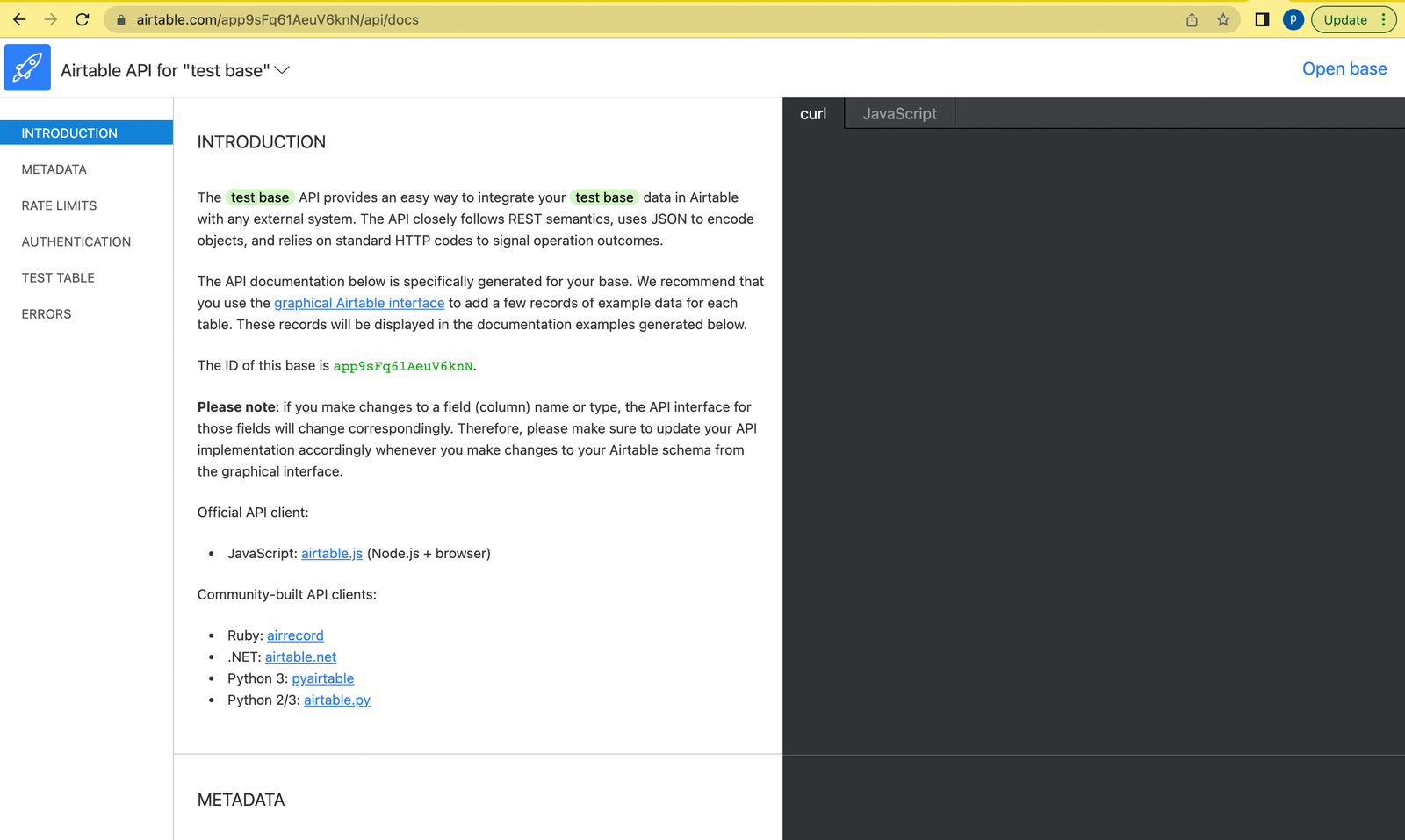16 The page of sample API Documentation for a selected base(test base)