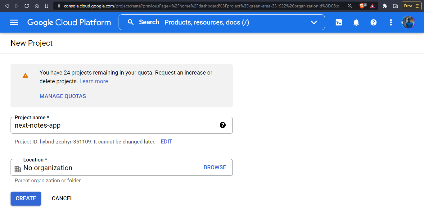 Create new google cloud project