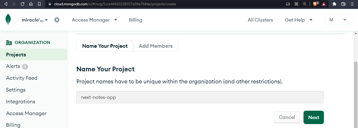 Create a new project in MongoDB atlas