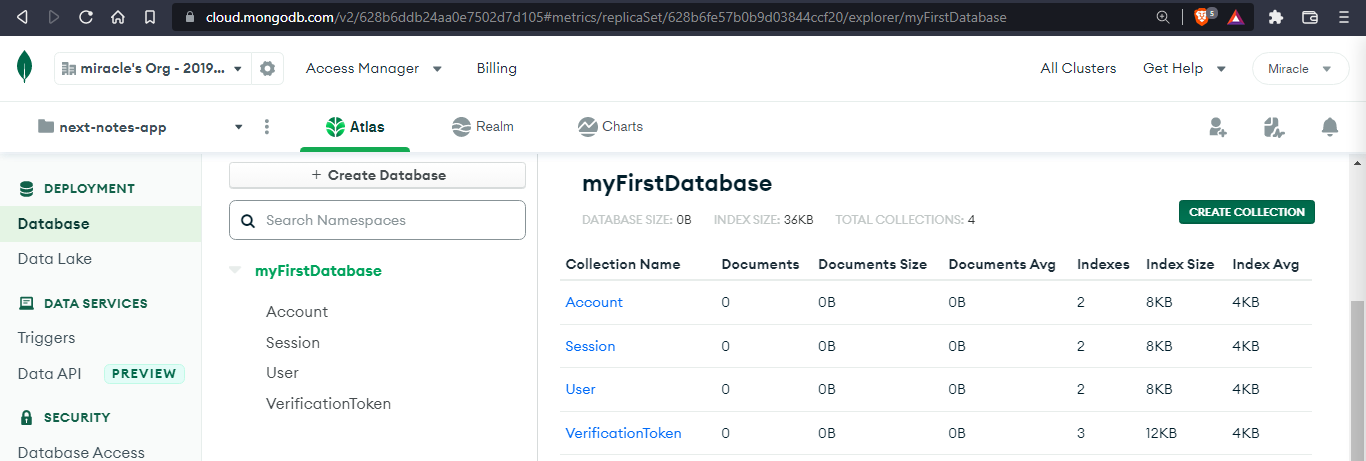 MOngoDB atlas new database with collections