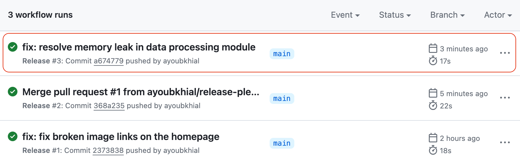 Screenshot showing the Actions tab in a GitHub repository, where a successfully triggered workflow is displayed.