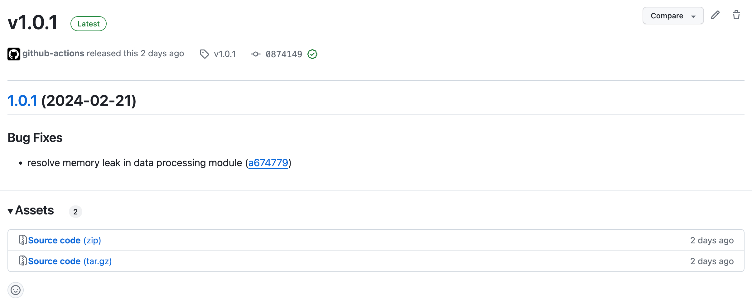 Screenshot showing the process of merging a pull request in a GitHub repository's interface, resulting in the creation of a new release.