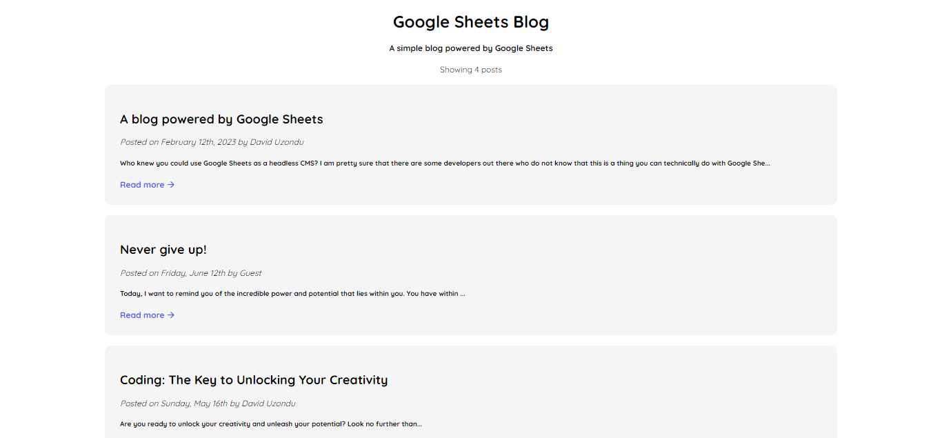 Screenshot of the blog