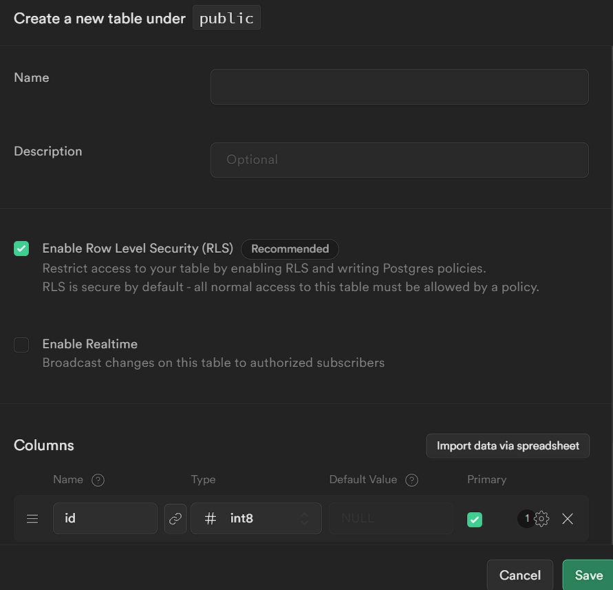Create New Table