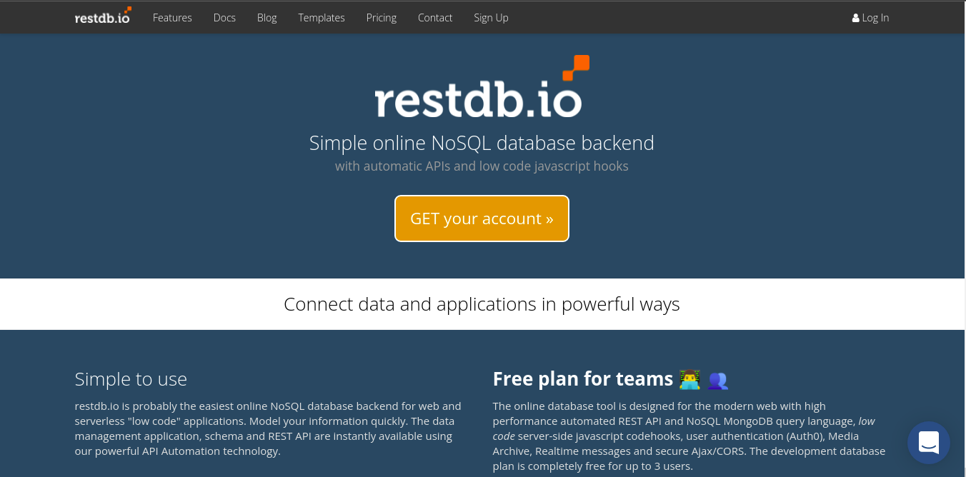 RestDB landing page