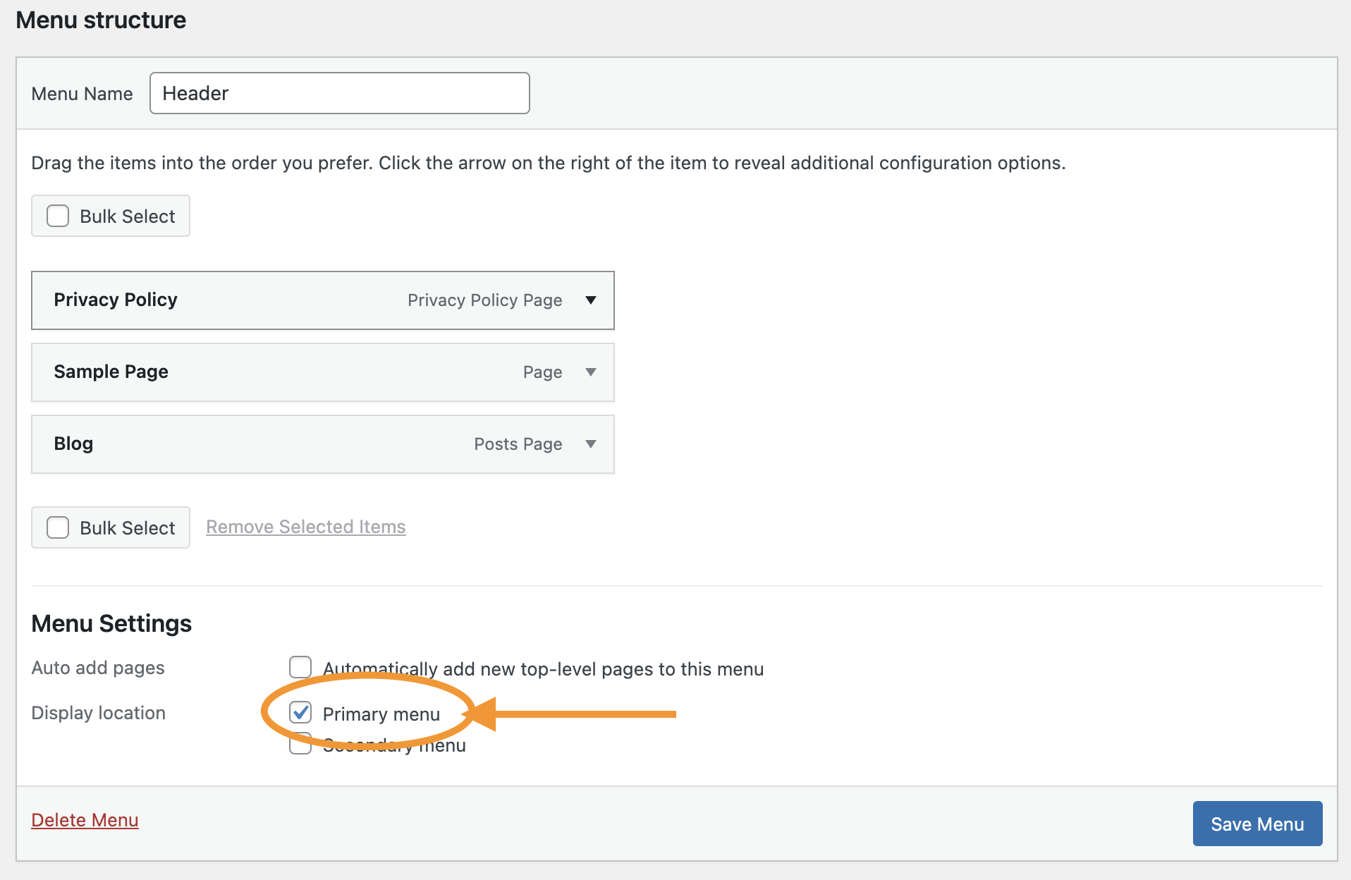 WordPress primary menu