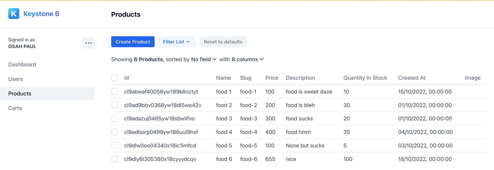 5 list of manually created products from the admin interface
