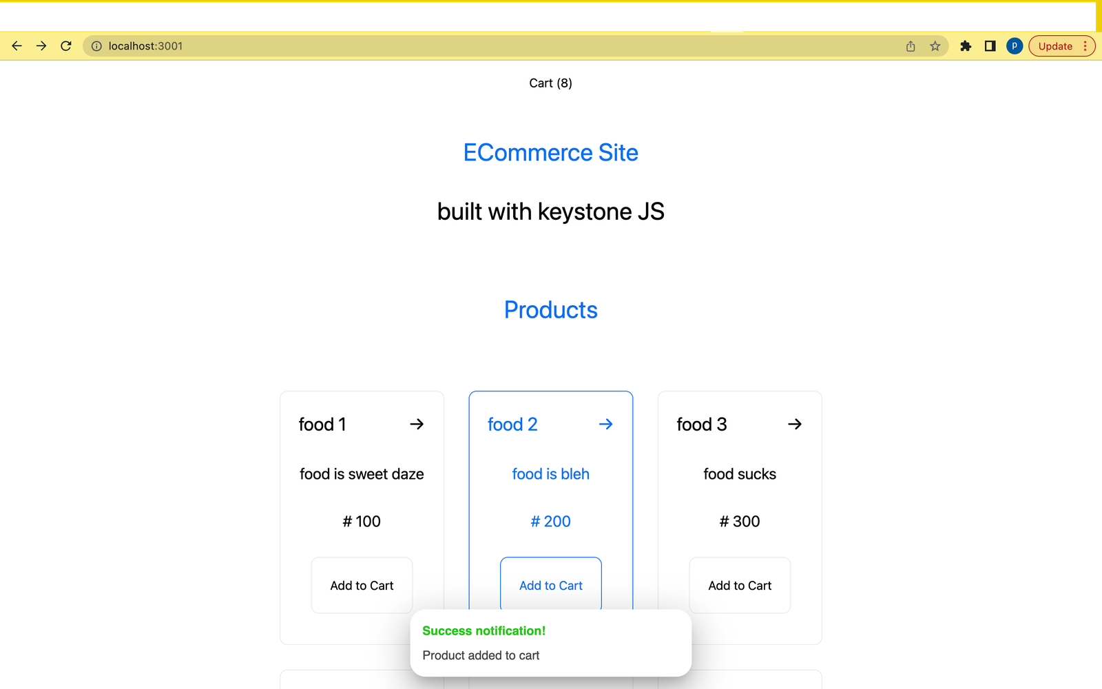 8 a sample of  a product(food2) being added to cart