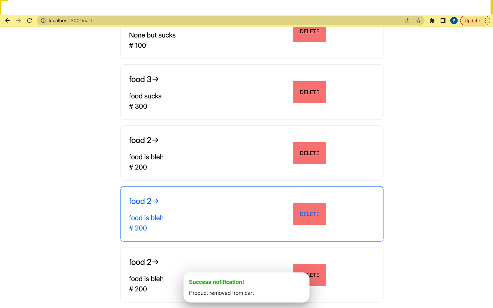 10 the output of deleting an  item(product) from cart