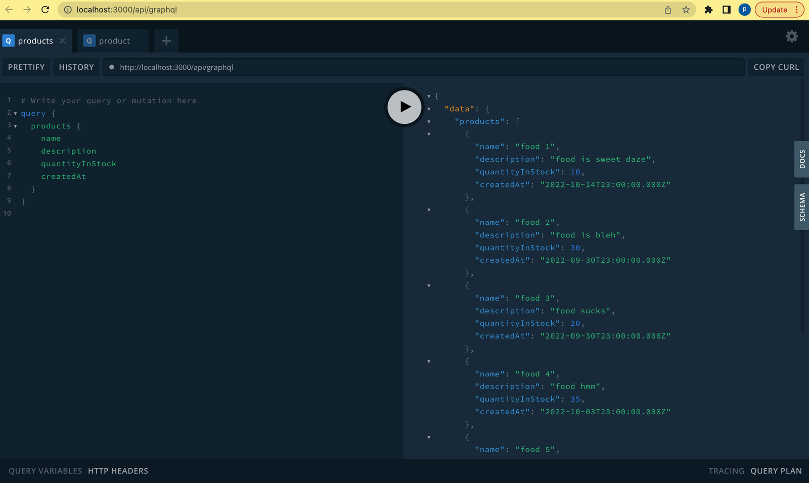 11 sample of testing the products query on the playground