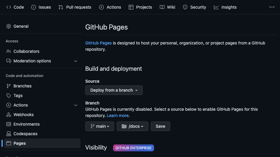 GitHub Pages settings