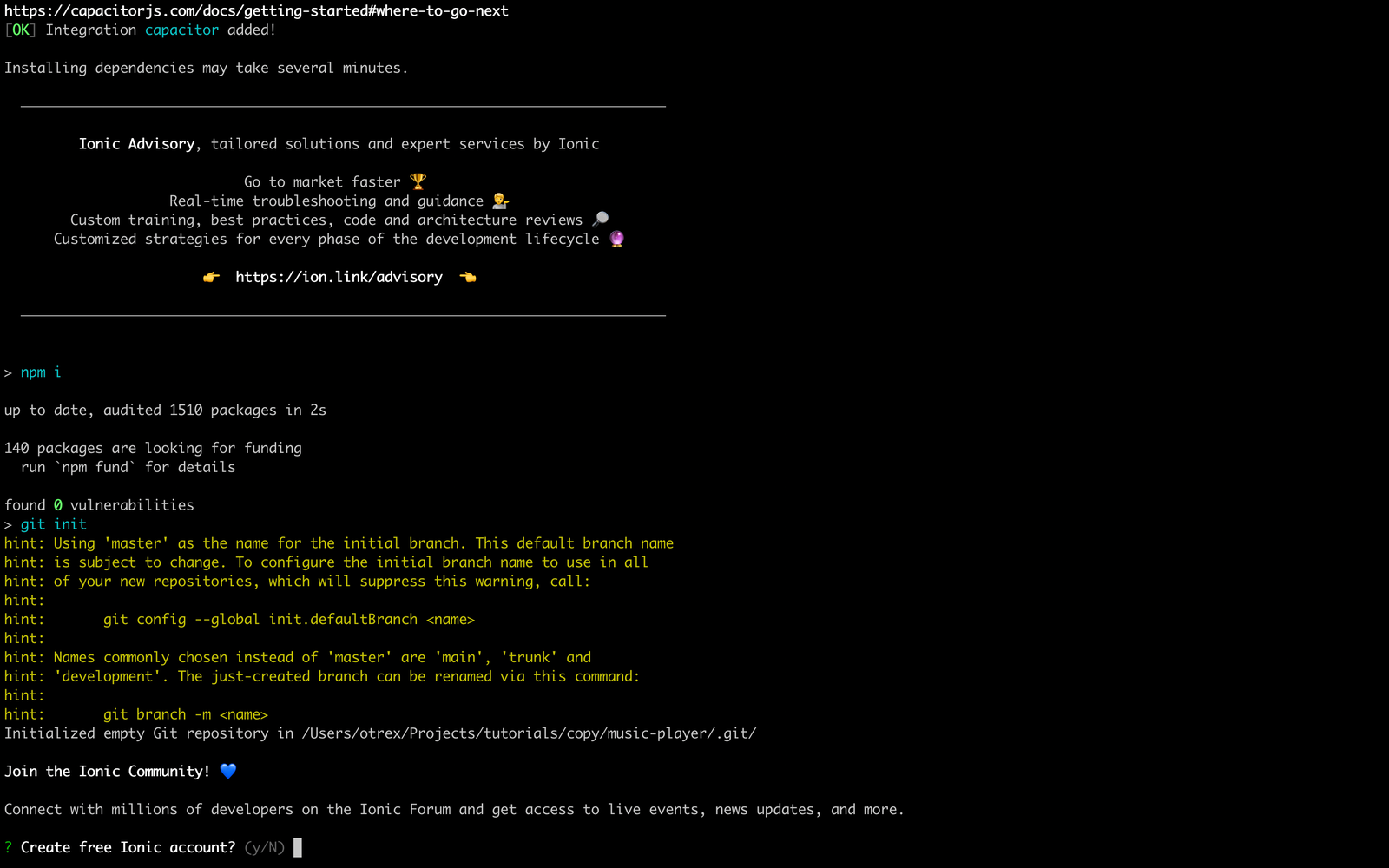 1 A screenshot showing the prompts required by the ionic start command