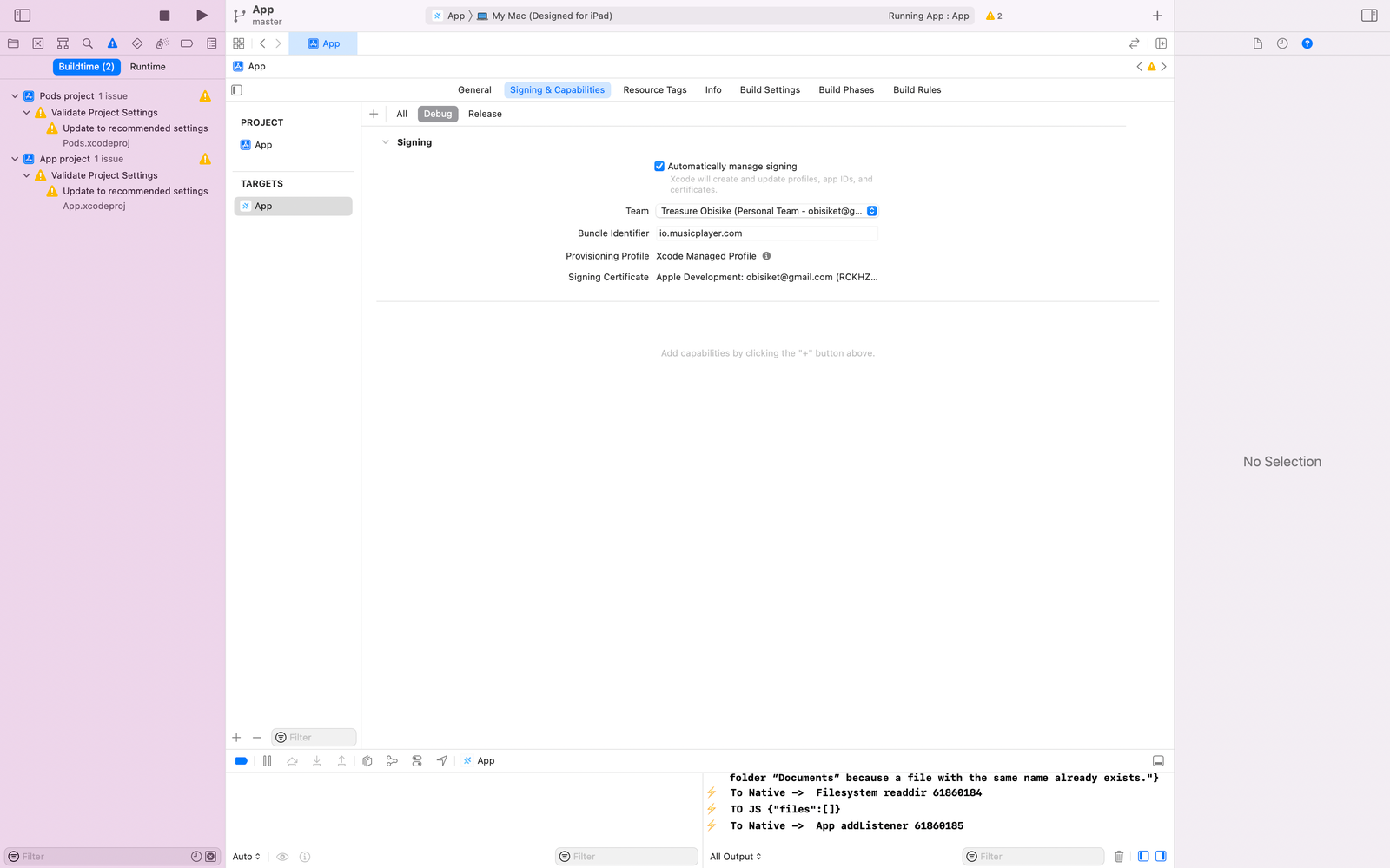 18 A screen shot showing the already configured Signing and capabilities option