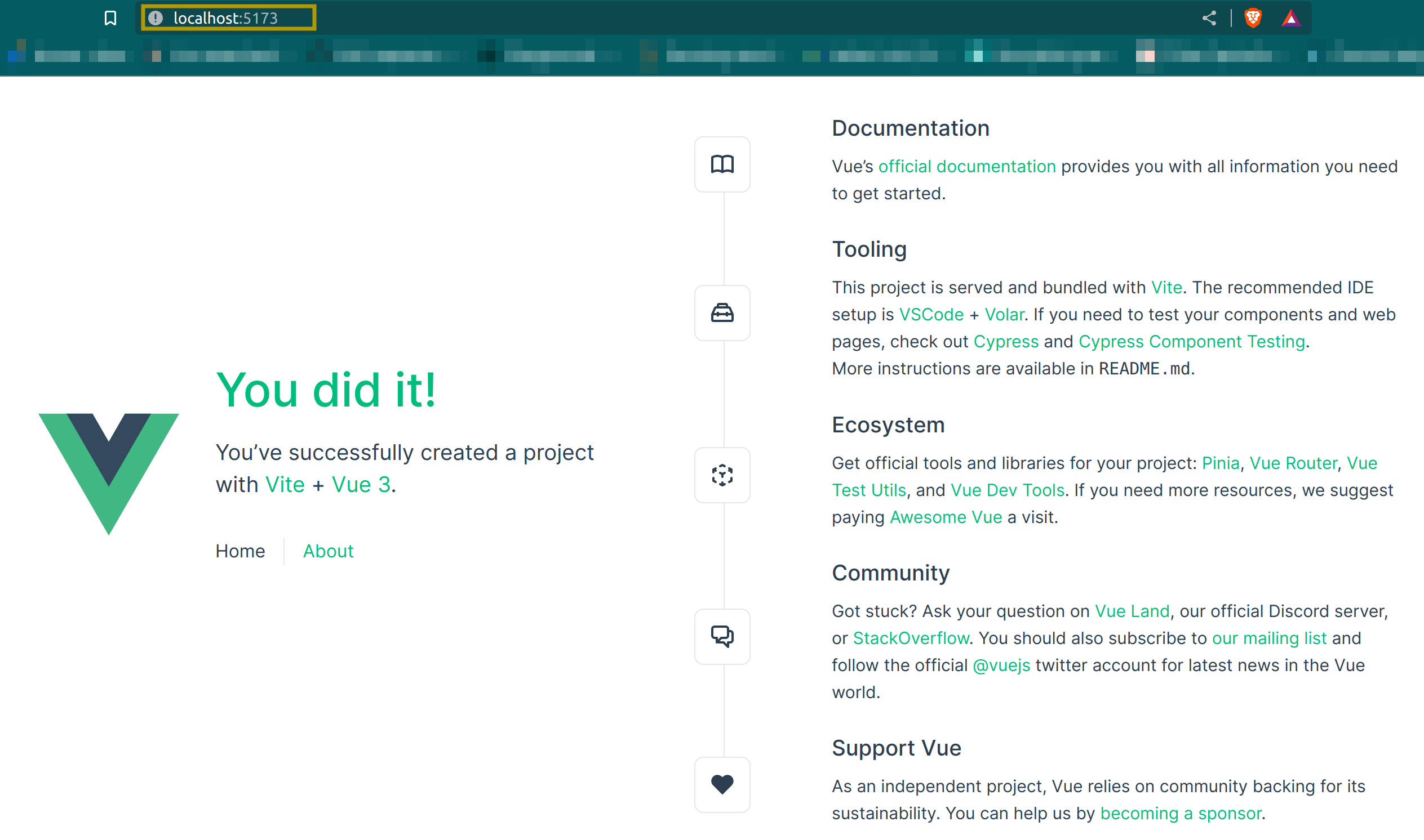 Viewing the Vite welcome page