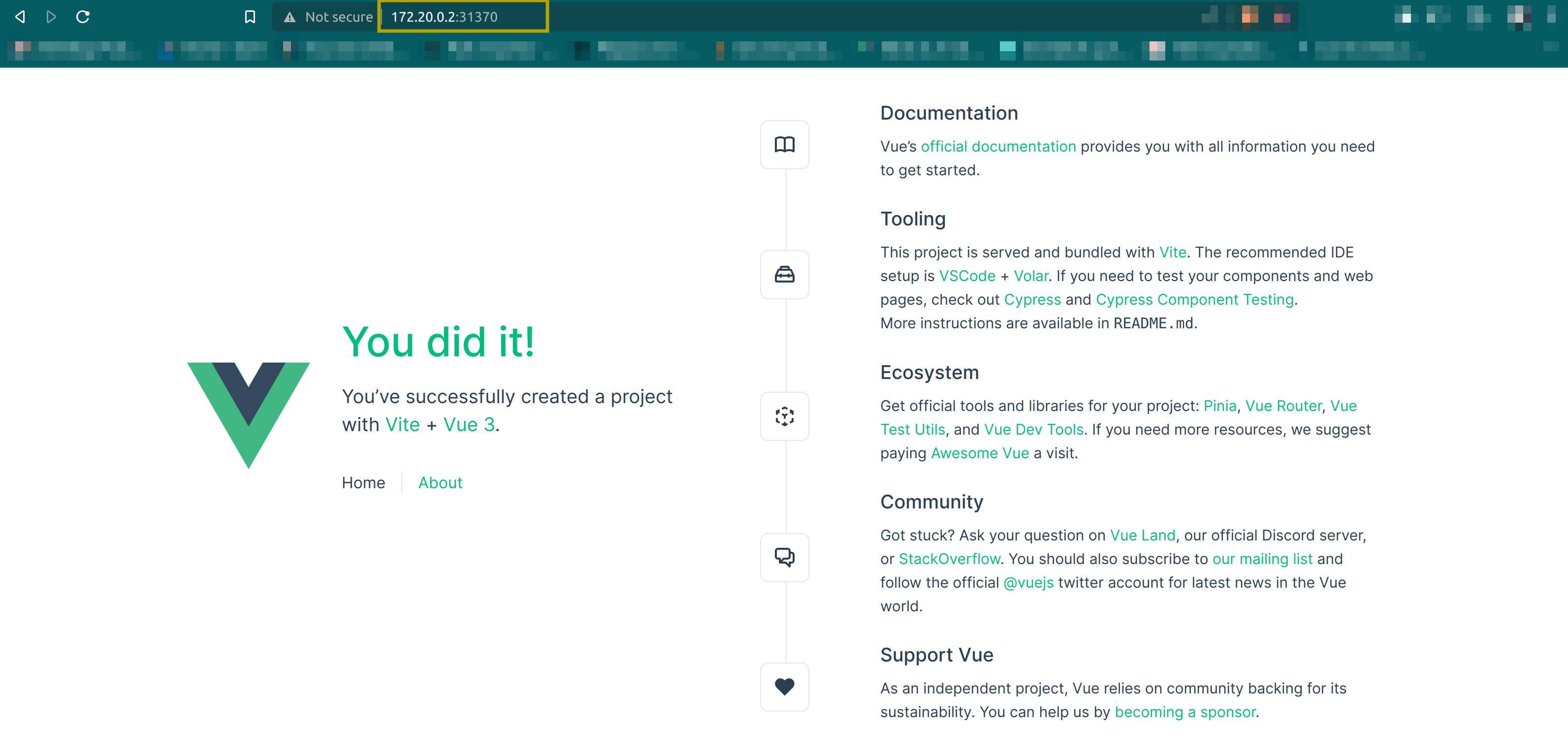 Viewing the Vue applications' home page