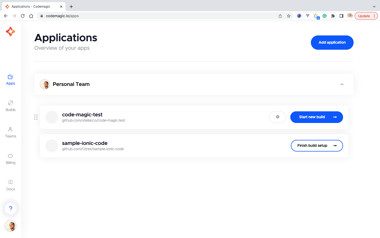 1 The Applications dashboard for Codemagic displaying your apps
