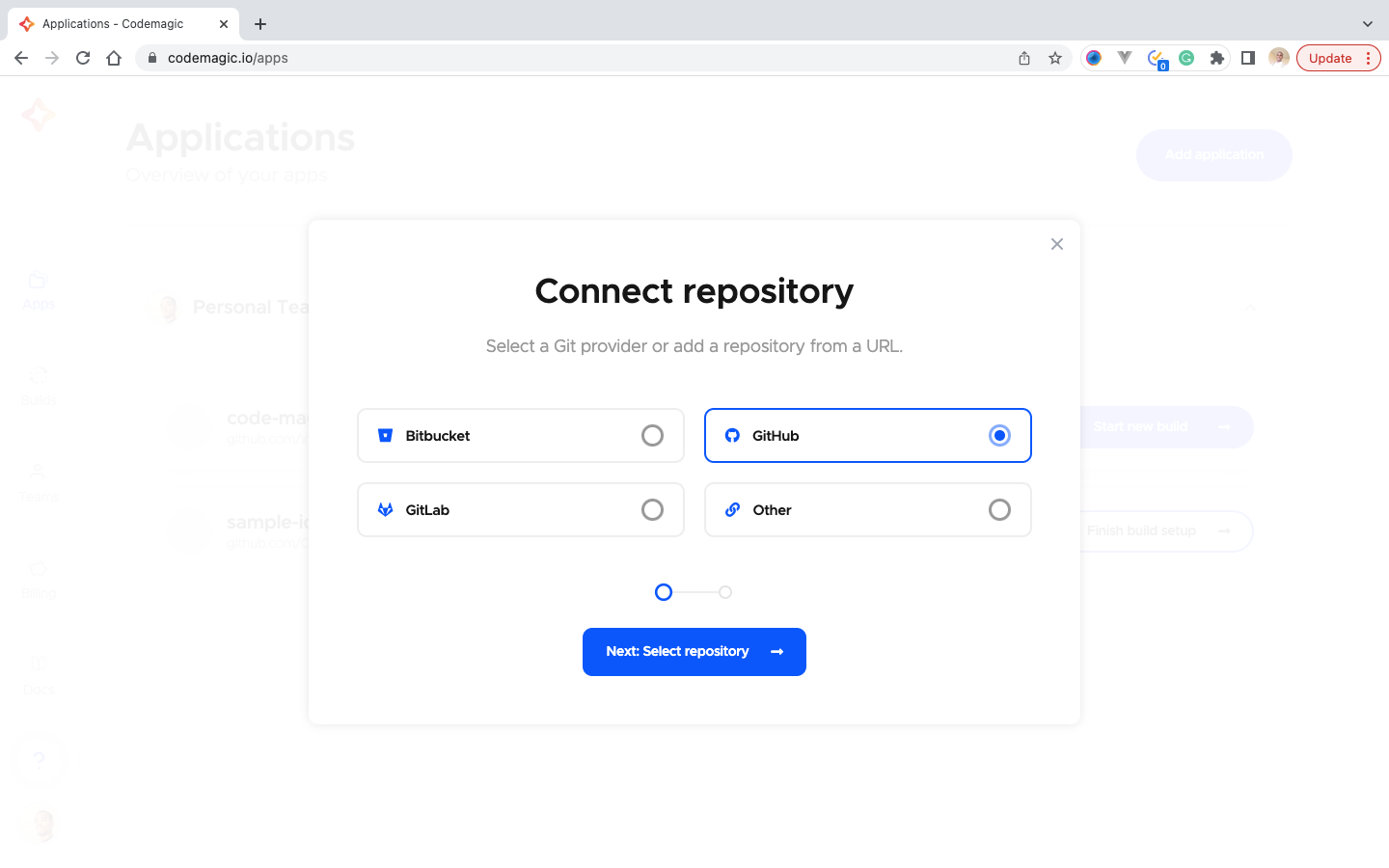 2 A screenshot of the selected git provider, github