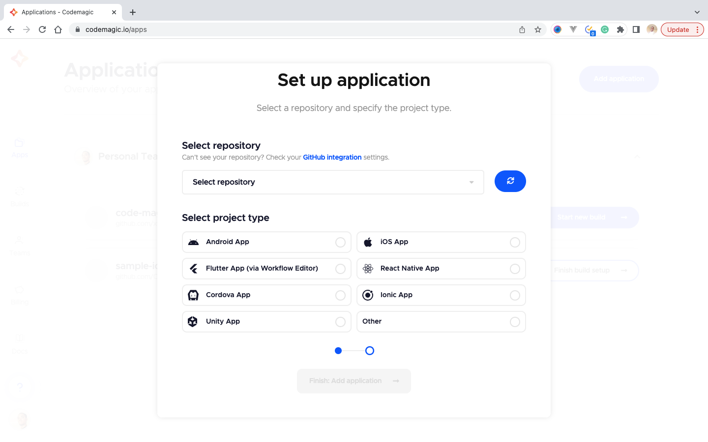 3 A screenshot of the select repository section in Codemagic