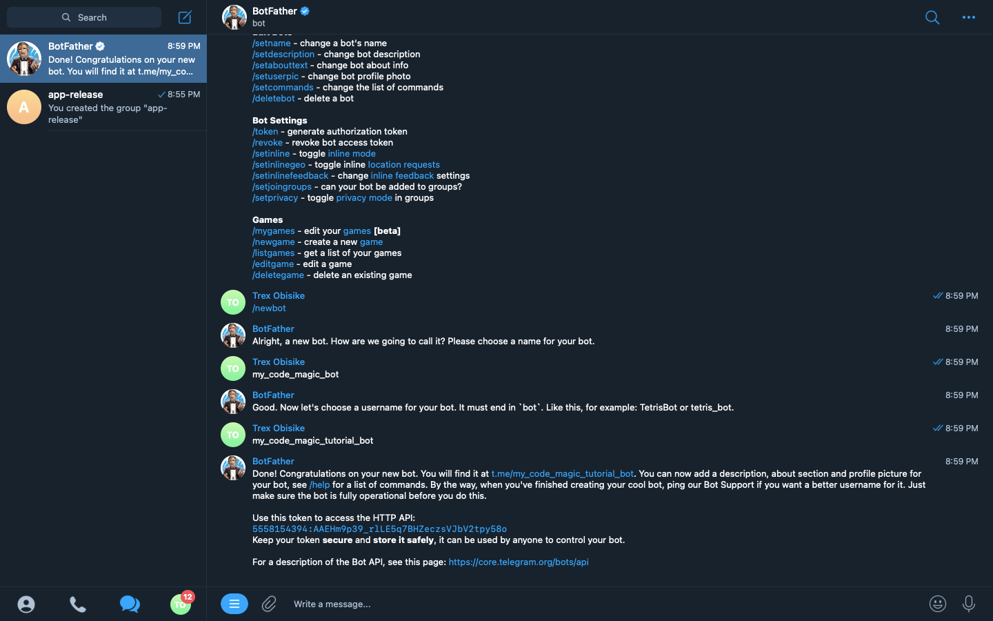 13 A screenshot showing the chatbox for Botfather