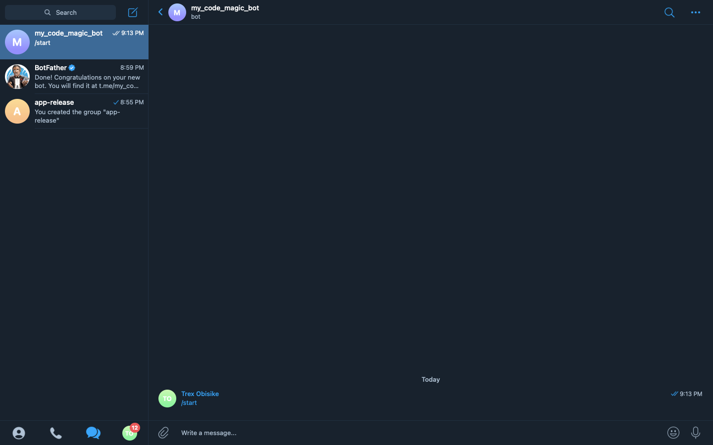14 A screenshot showing the chatbox of the bot after the start button is clicked
