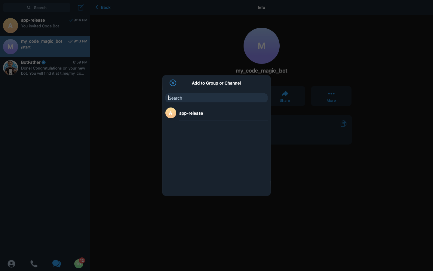 17 A screenshot showing the panel for selecting the group the bot is to be added to