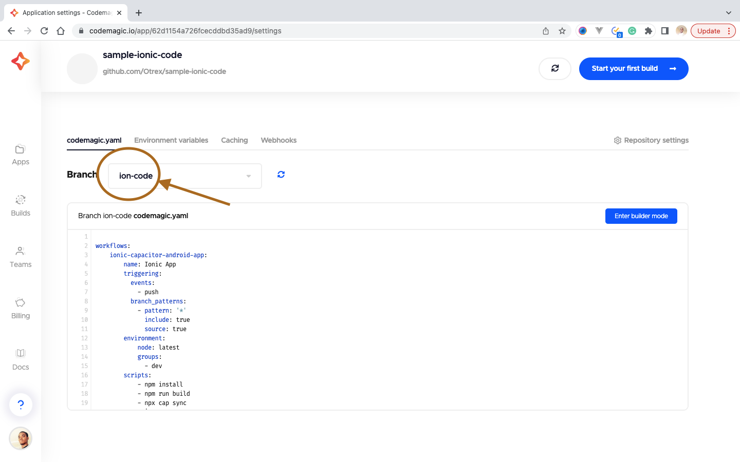 22 A screenshot showing the branch selected for the build that contains the YAML file