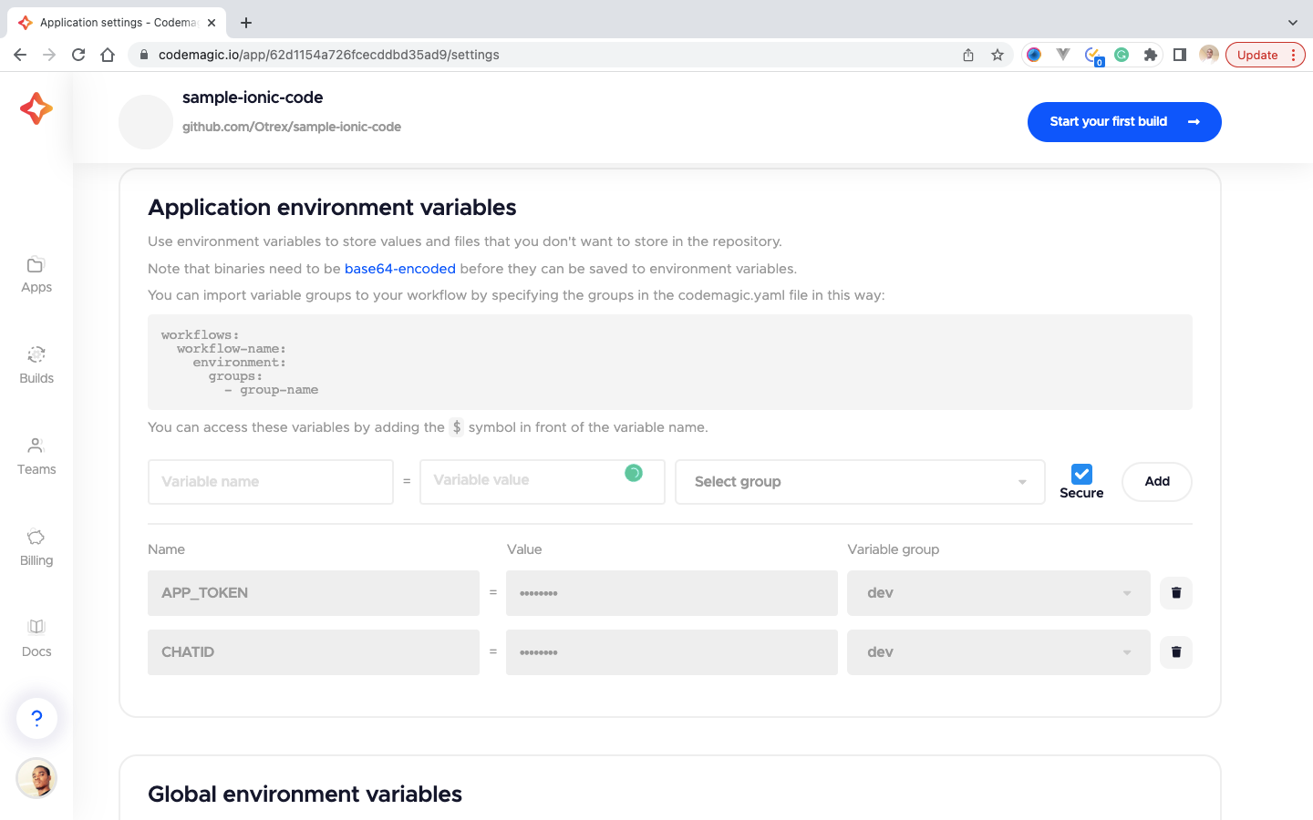 24 A screenshot showing an already entered environment variable