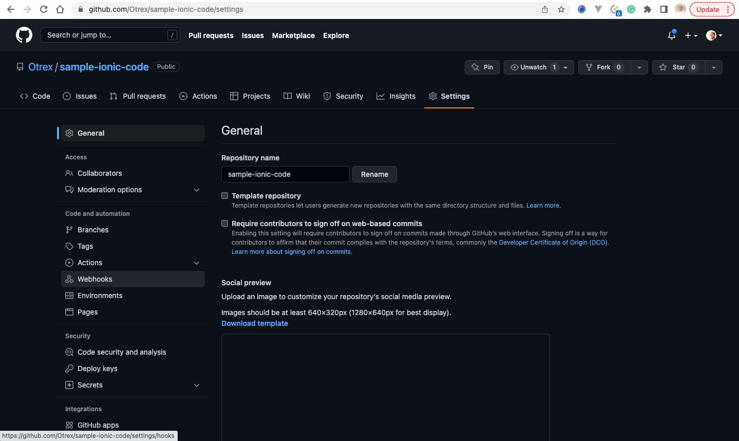 26 A screenshot showing where to add the webhook URL on Github