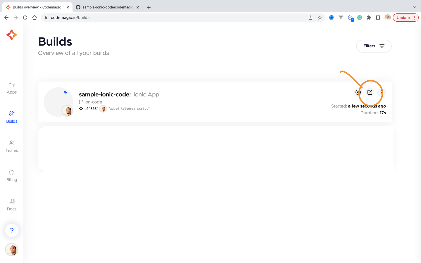 30 A screenshot showing the button to click on to go to the build monitor dashboard