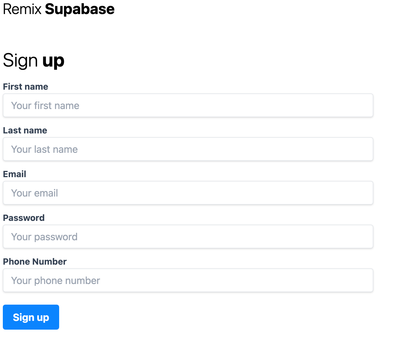 Sign up page