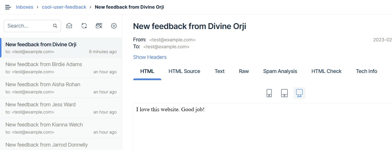 Viewing feedback on Mailtrap
