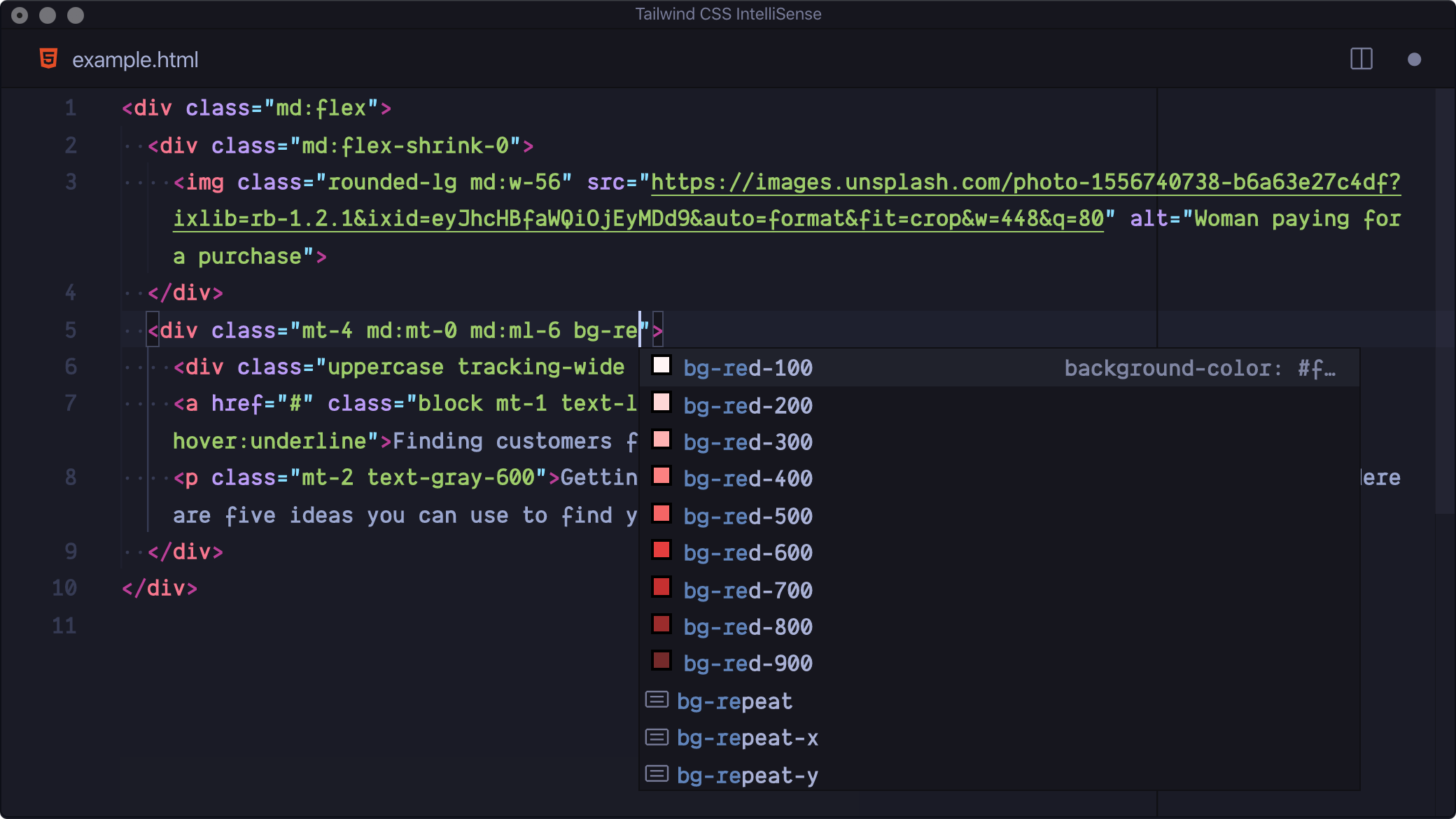 autocomplete alt="Tailwind css intelliSense output"