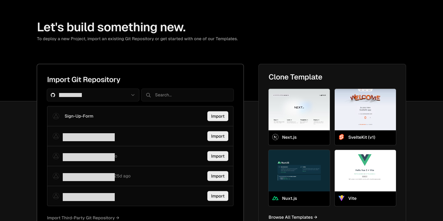 Importing project on Vercel