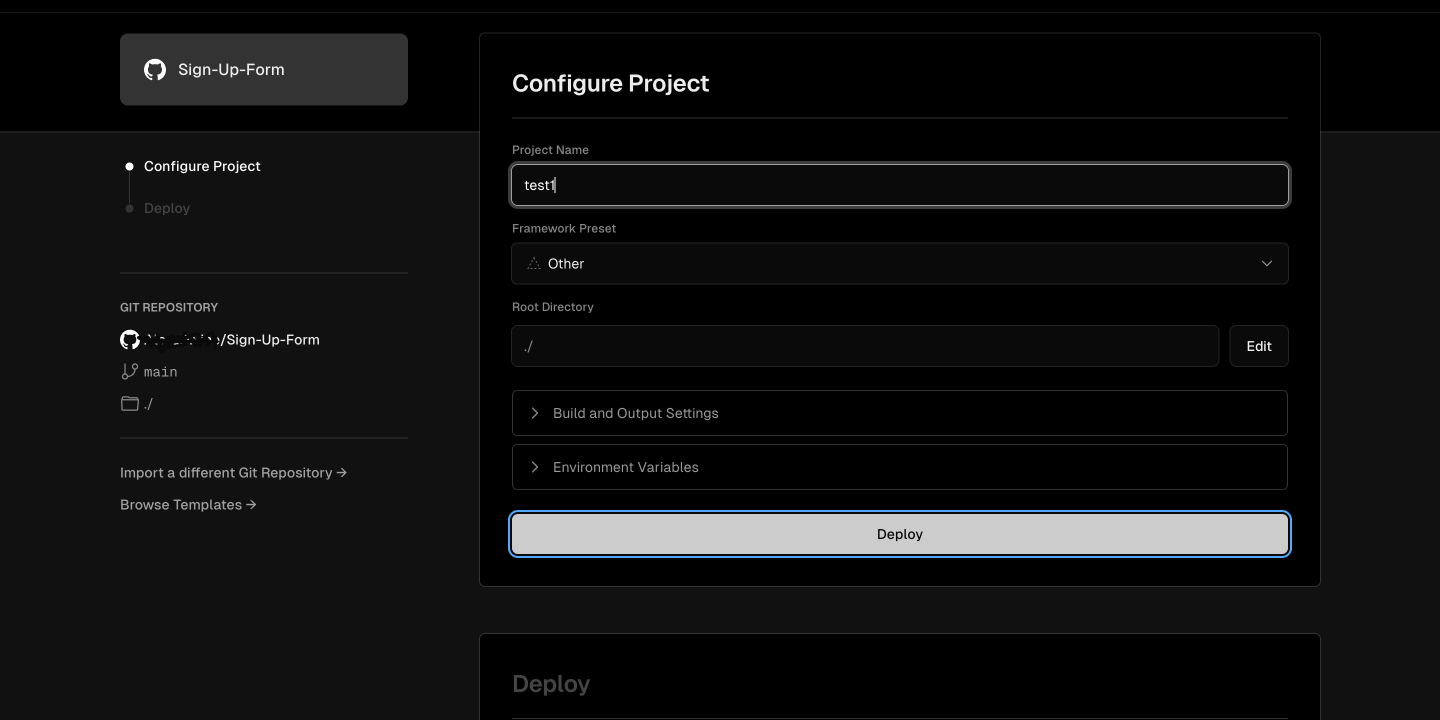 Configuring deployment settings on vercel