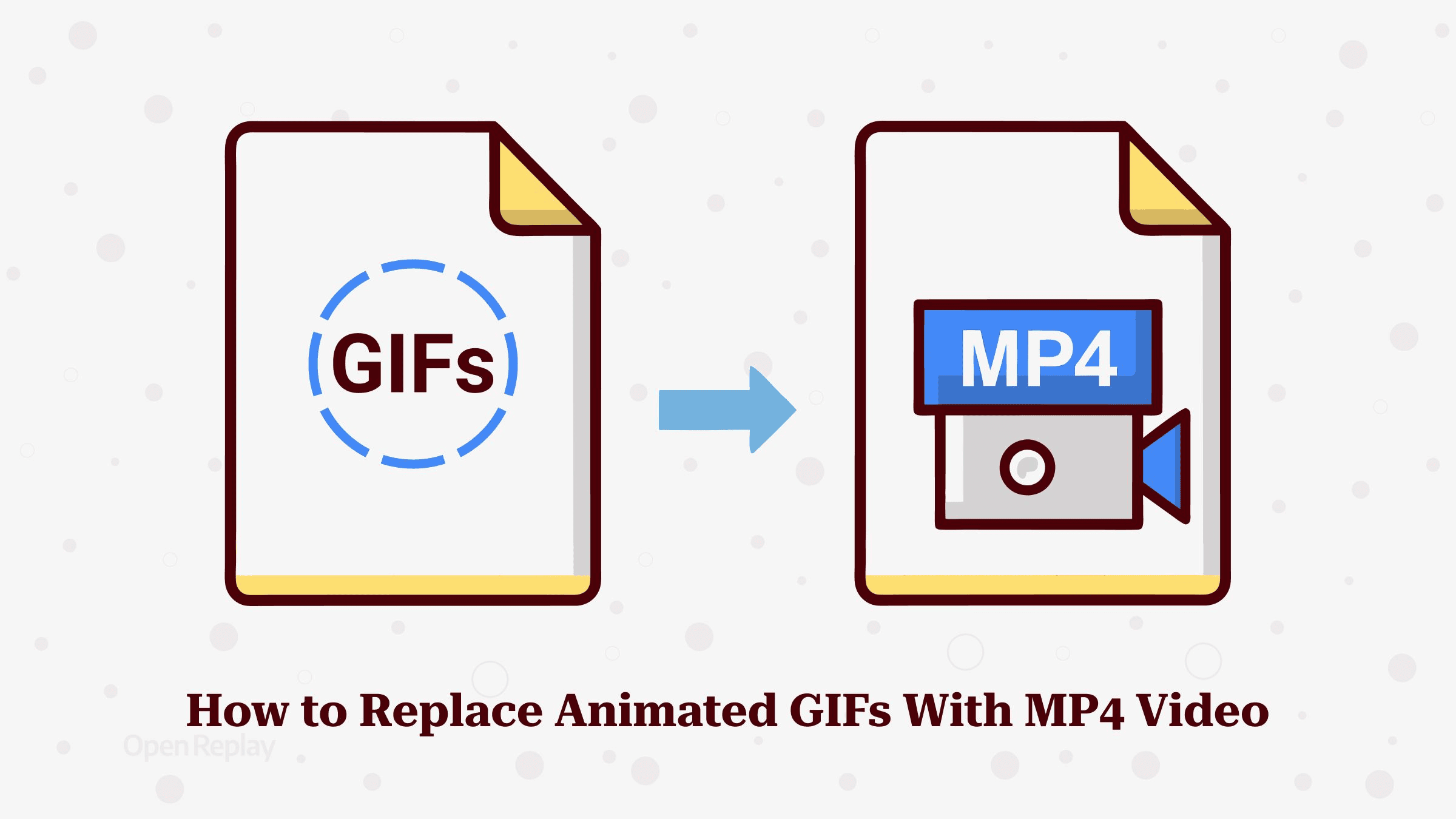 Replace animated GIFs with MP4 or WebM video using autoplay muted loop playsinline markup, plus ffmpeg conversion and LCP tips.