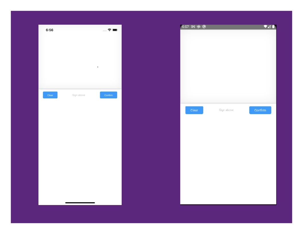 3 Image of Android and iOS Emulators showing default Signature Screen