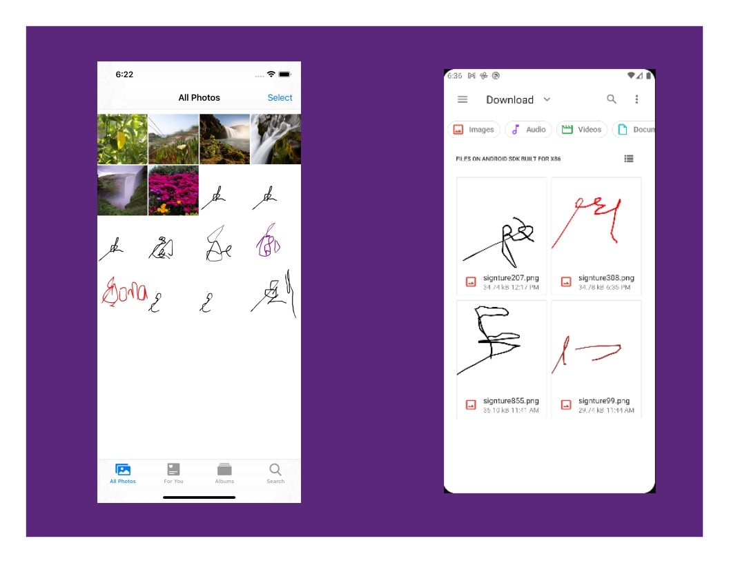 6 Signatures Saved to Device’s Storage Displaying in Android and iOS Emulators