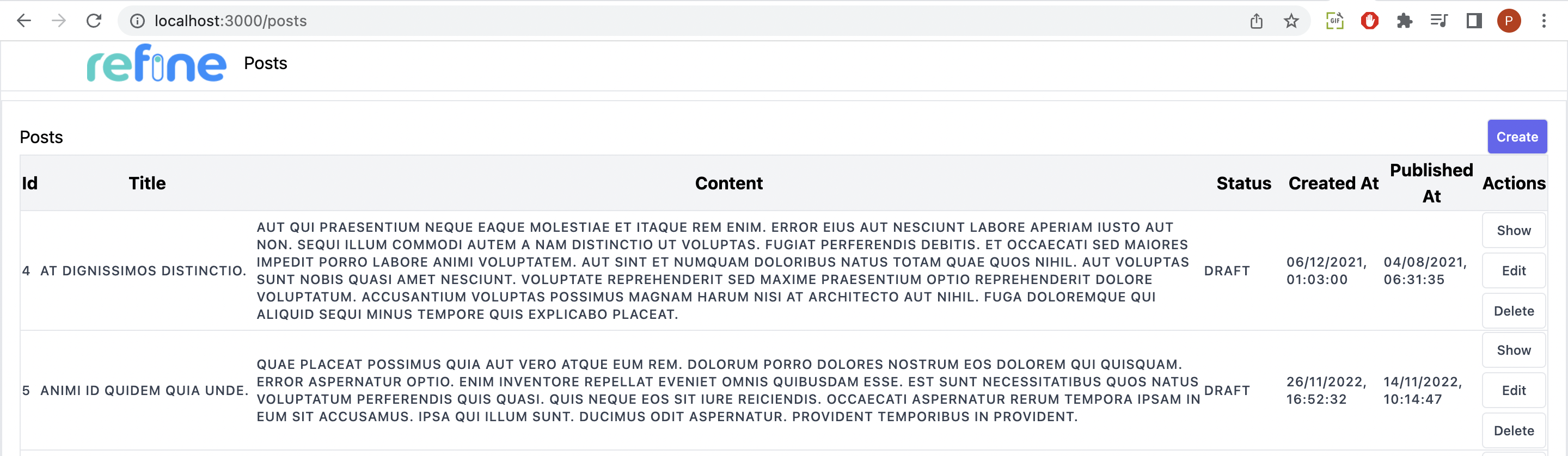 output showing post deleted