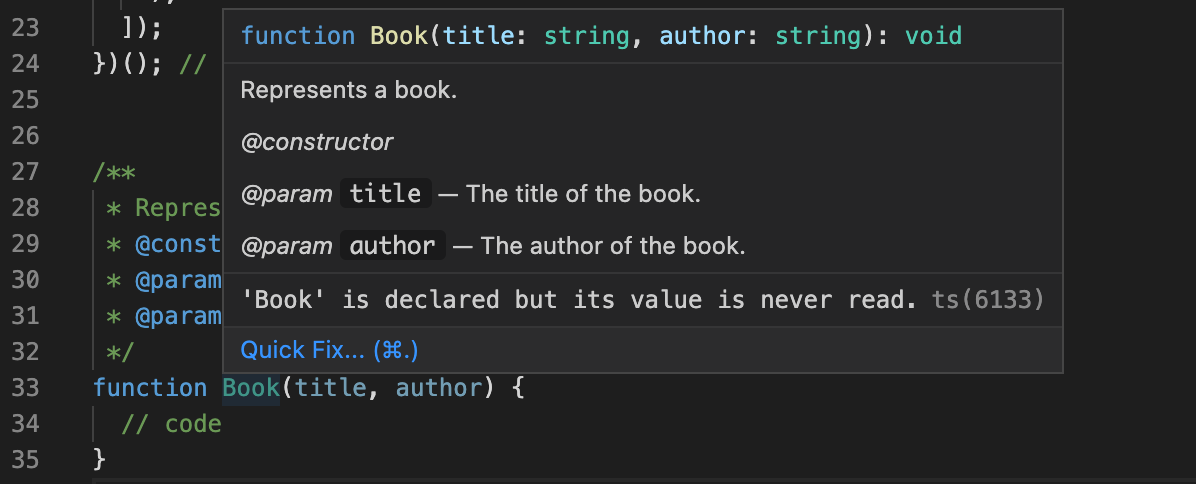 A tooltip using the information from the comments