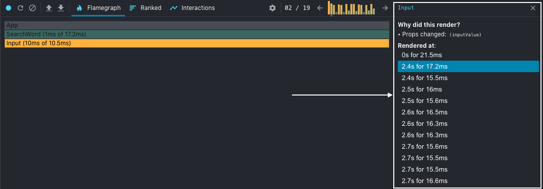 We can see that the Input component rendered because the inputValue prop changed