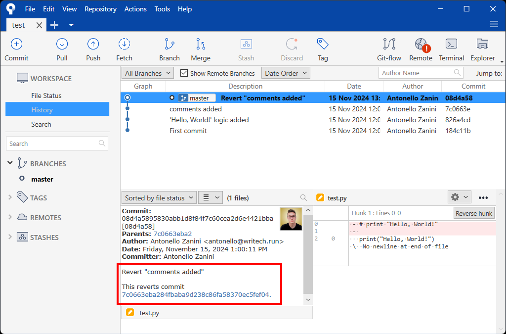 The git revert commit in SourceTree