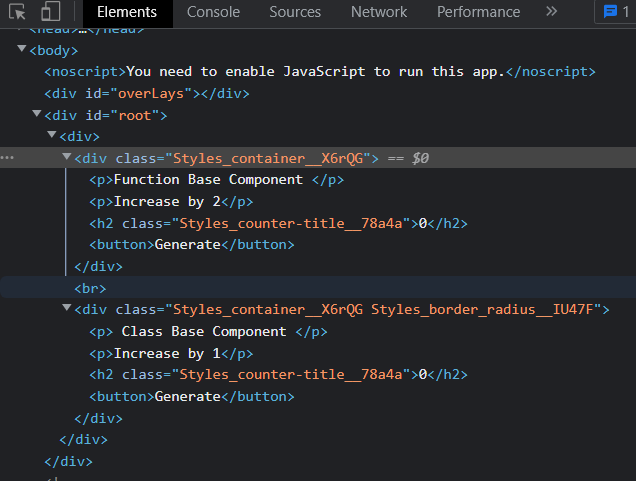 2 Chrome inspect page to view the newly generated hash with a unique className