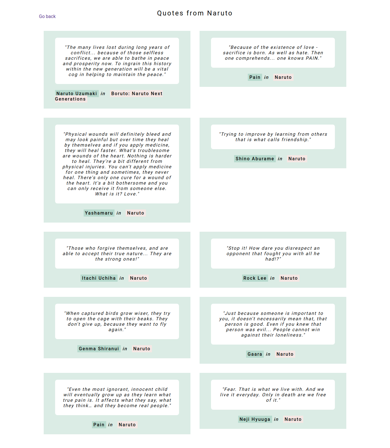 anime page showing quotes from Naruto